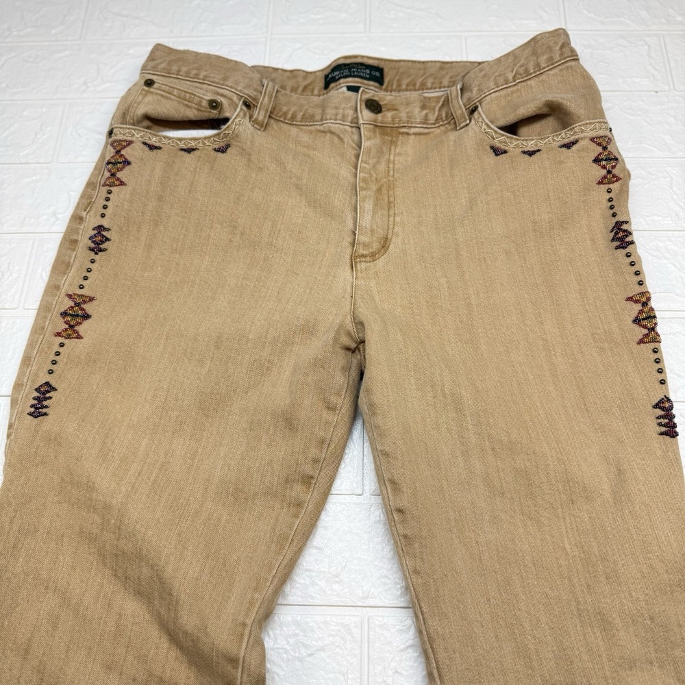Lauren Ralph Lauren Jeans Wms 14 Tan Western Southwest Beading Detail Boot Cut